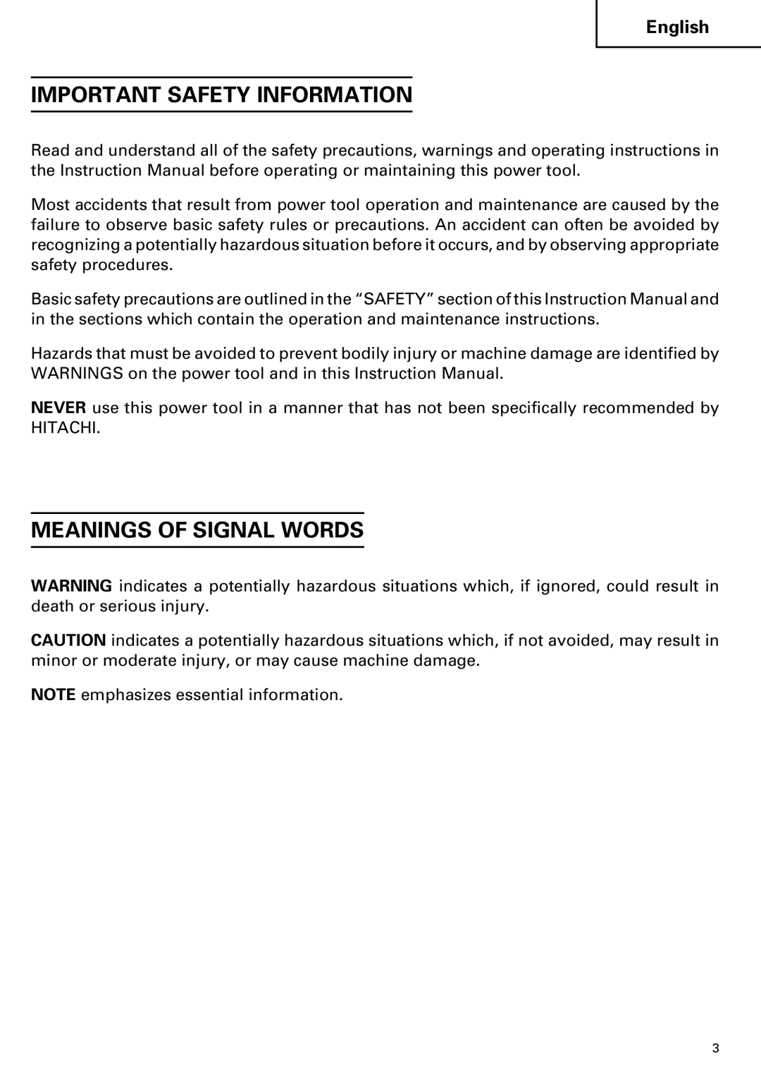 Hitachi DV 24DV instruction manual Important Safety Information, Meanings of Signal Words 