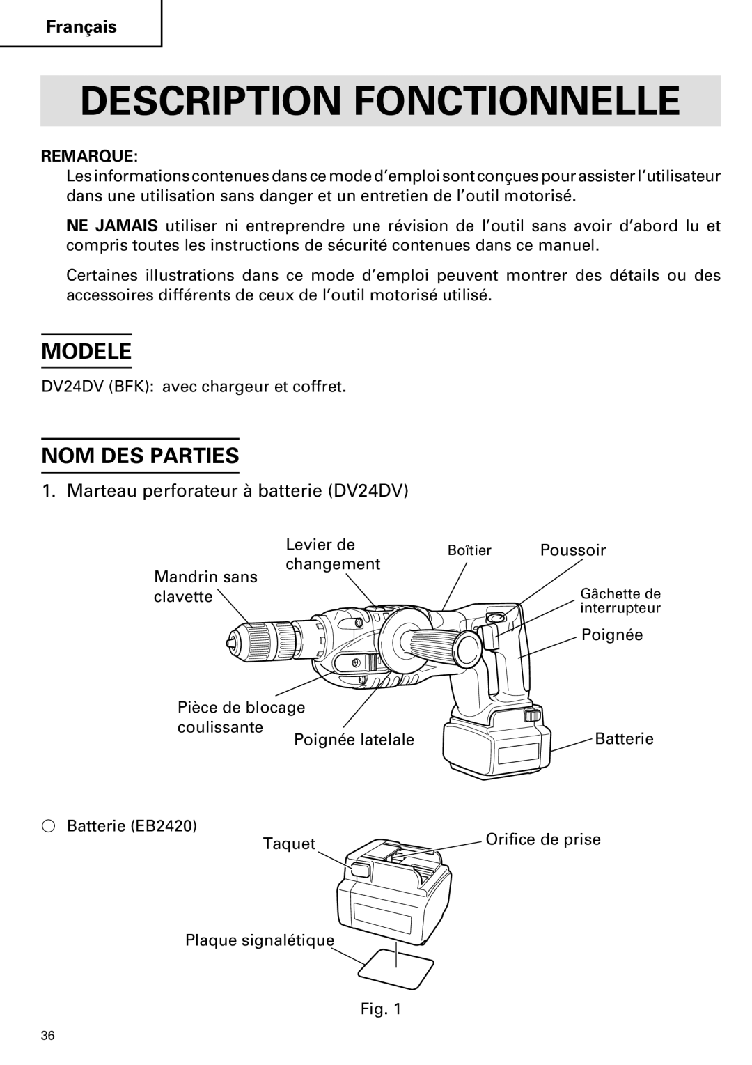 Hitachi DV 24DV Description Fonctionnelle, Modele, NOM DES Parties, Marteau perforateur à batterie DV24DV, Remarque 