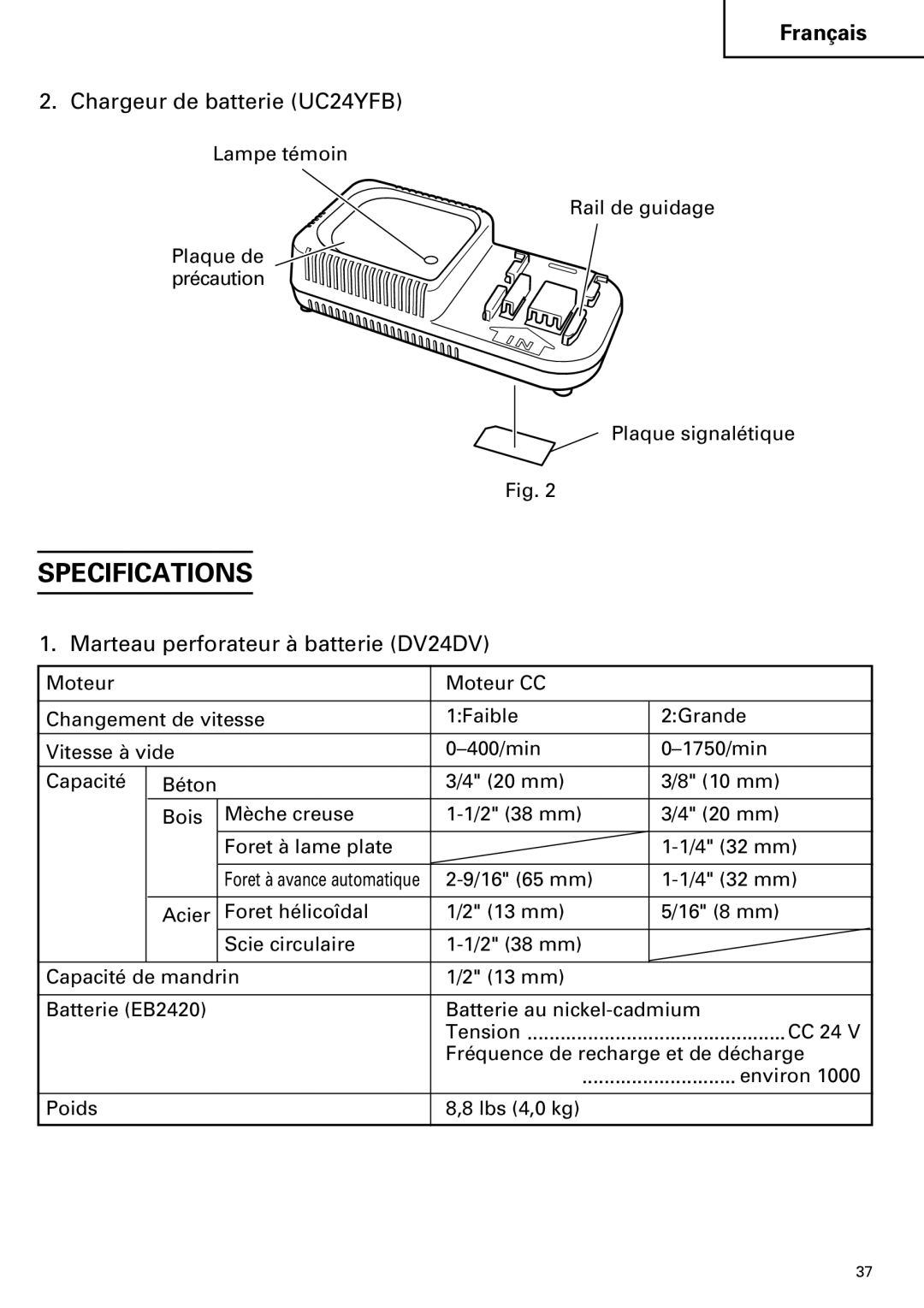 Hitachi DV 24DV instruction manual Specifications, Chargeur de batterie UC24YFB 