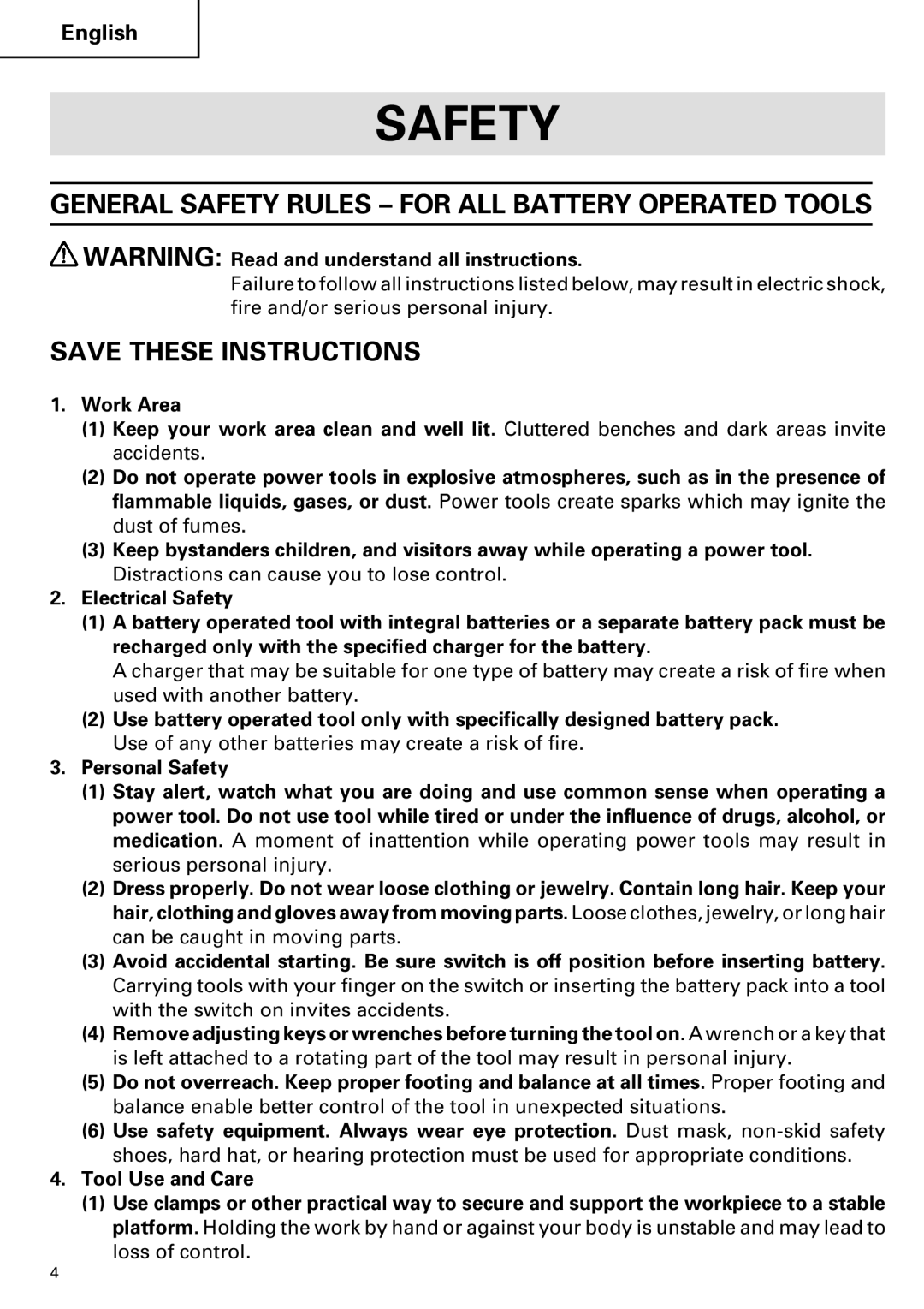 Hitachi DV 24DV instruction manual General Safety Rules for ALL Battery Operated Tools 