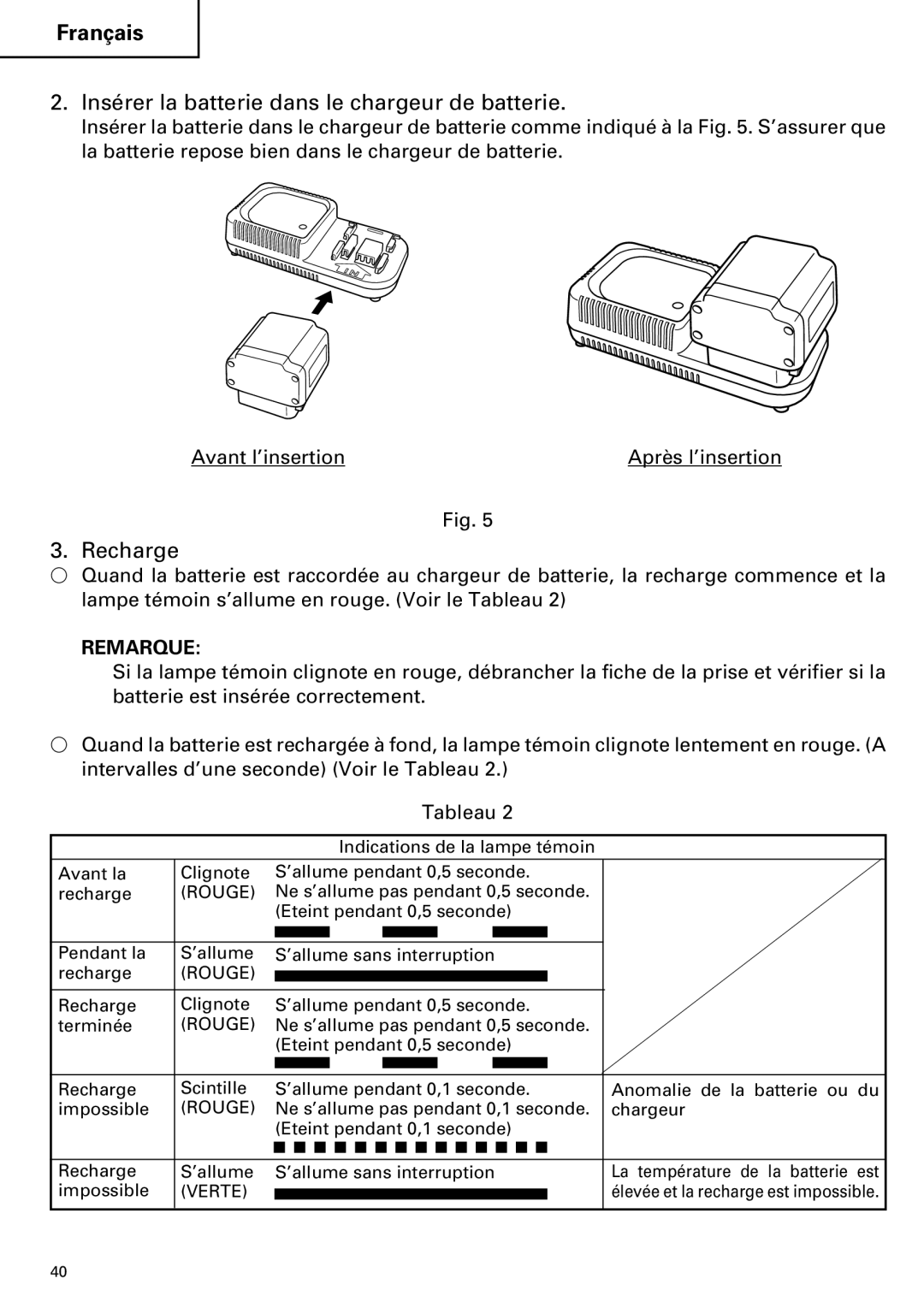 Hitachi DV 24DV instruction manual Insérer la batterie dans le chargeur de batterie, Recharge 