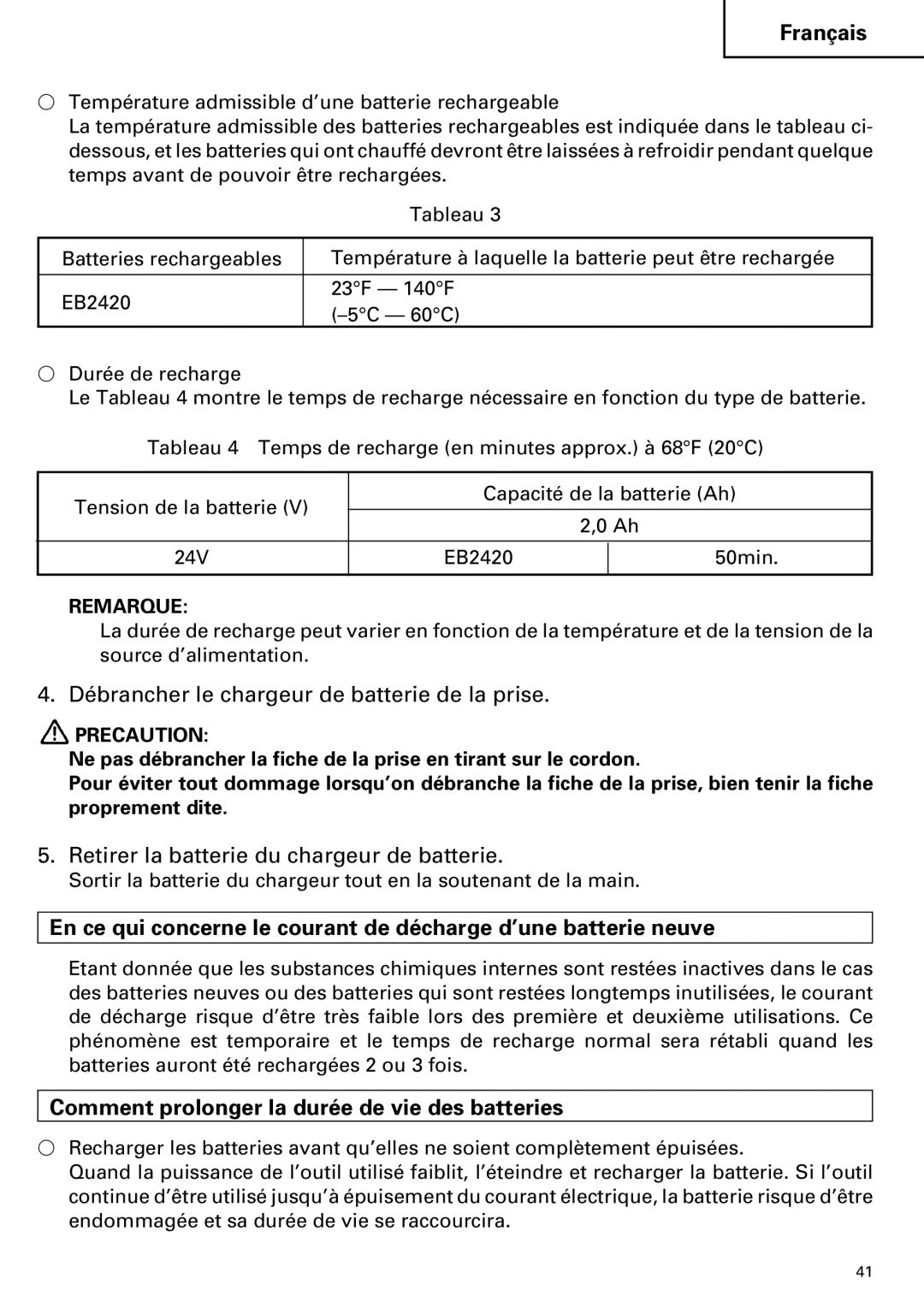 Hitachi DV 24DV Débrancher le chargeur de batterie de la prise, Retirer la batterie du chargeur de batterie, Precaution 