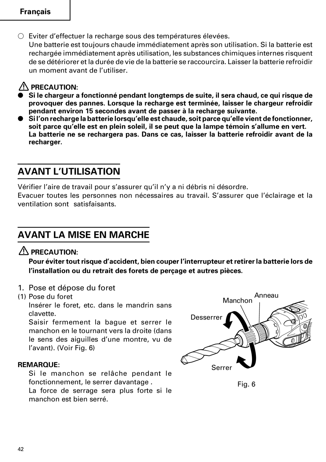 Hitachi DV 24DV instruction manual Avant L’UTILISATION, Avant LA Mise EN Marche, Pose et dépose du foret 