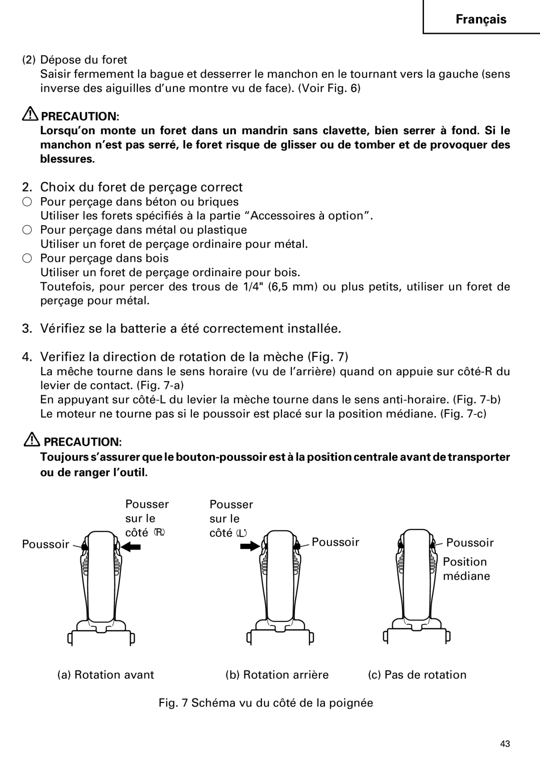 Hitachi DV 24DV instruction manual Choix du foret de perçage correct, Schéma vu du côté de la poignée 