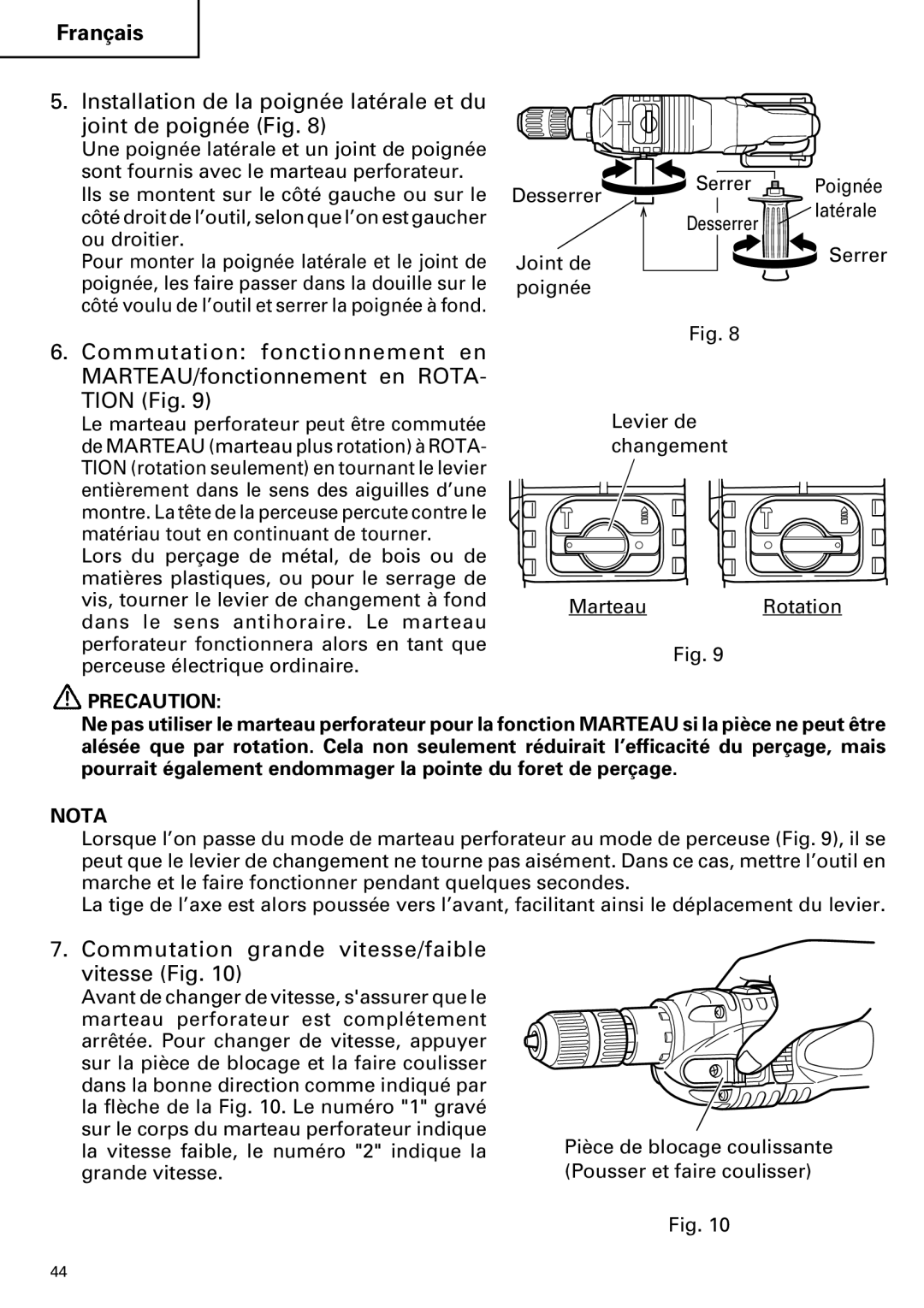 Hitachi DV 24DV Installation de la poignée latérale et du, Joint de poignée Fig, Commutation fonctionnement en, Tion Fig 