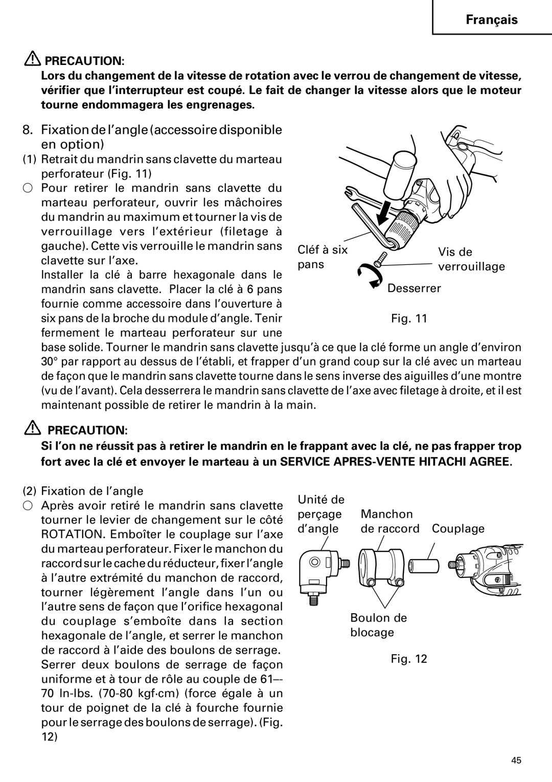 Hitachi DV 24DV instruction manual Fixation de l’angle accessoire disponible en option 