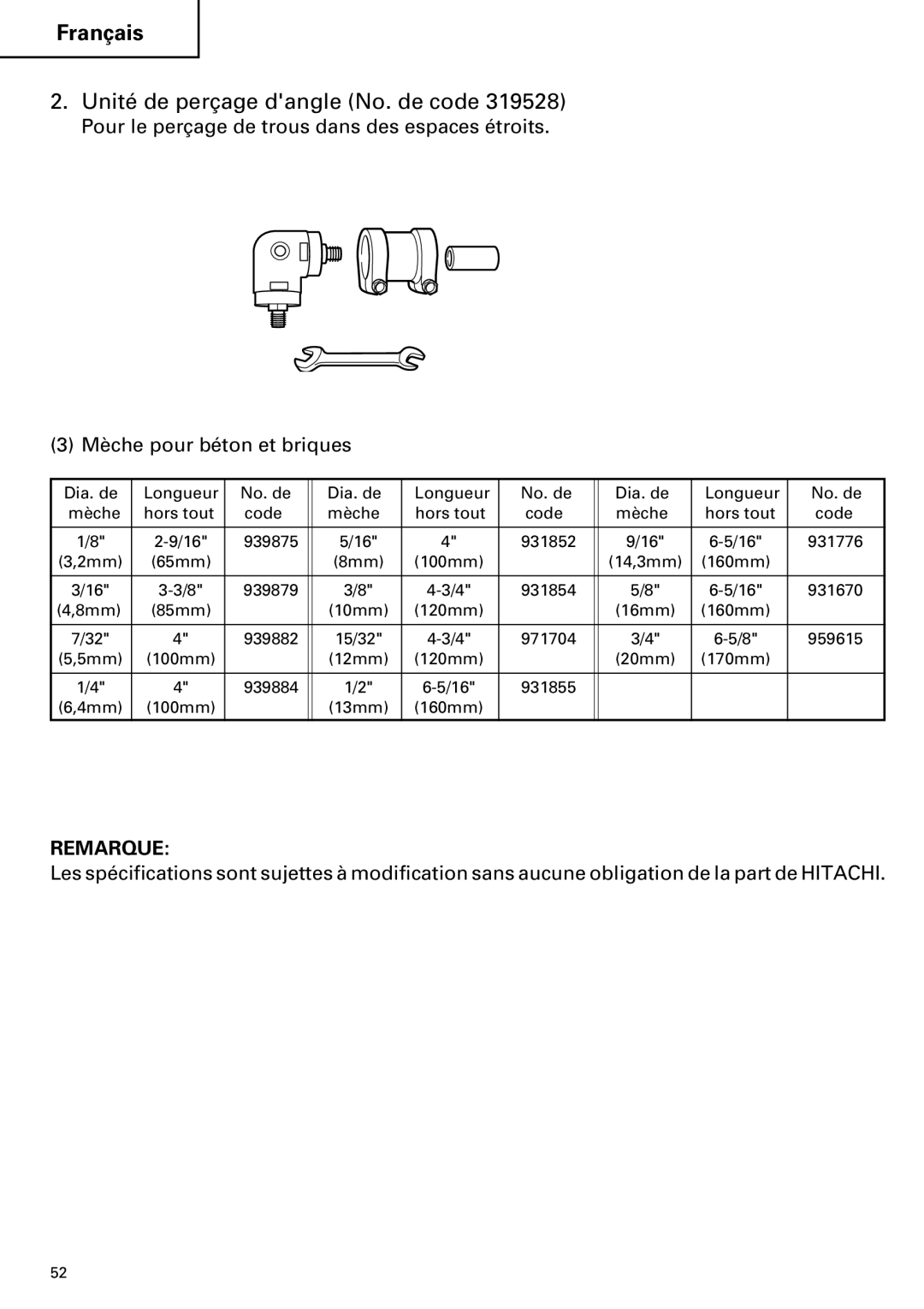 Hitachi DV 24DV instruction manual Unité de perçage dangle No. de code 