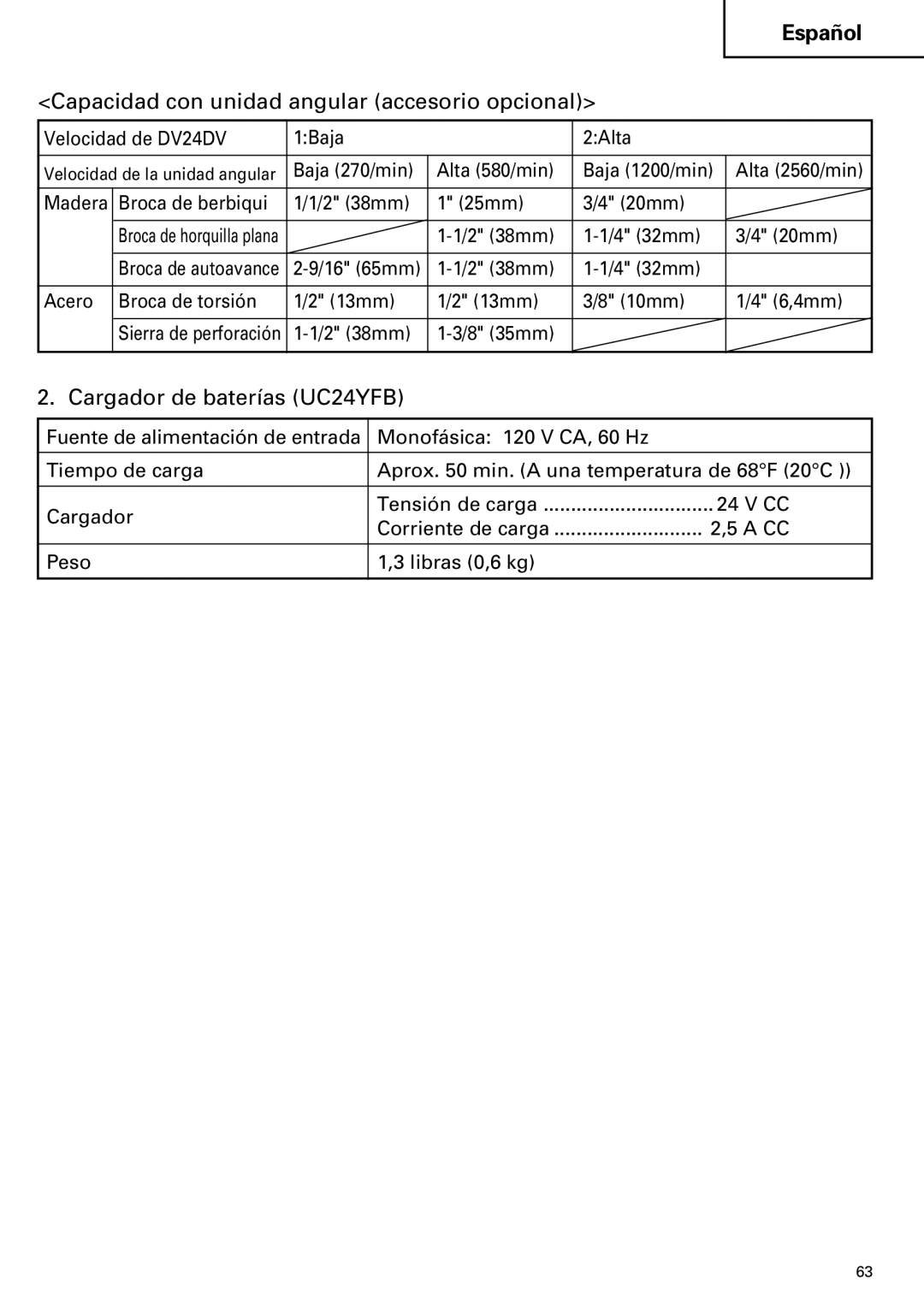 Hitachi DV 24DV instruction manual Capacidad con unidad angular accesorio opcional 