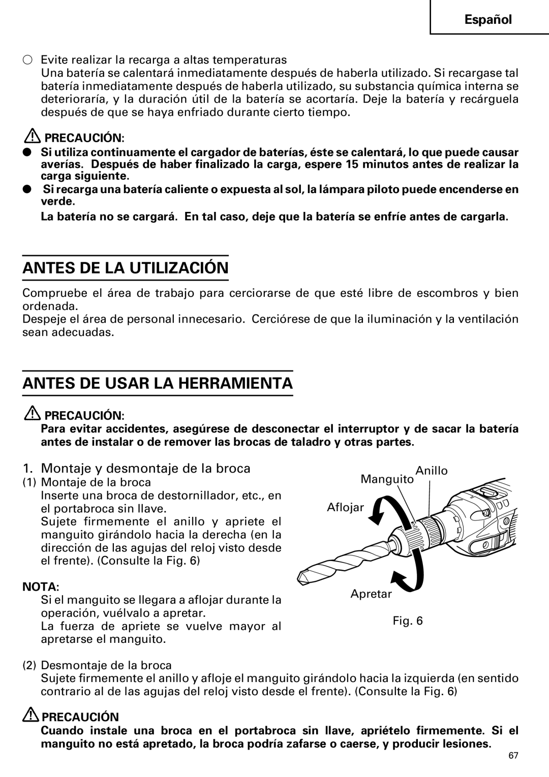 Hitachi DV 24DV instruction manual Antes DE LA Utilización, Antes DE Usar LA Herramienta, Montaje y desmontaje de la broca 