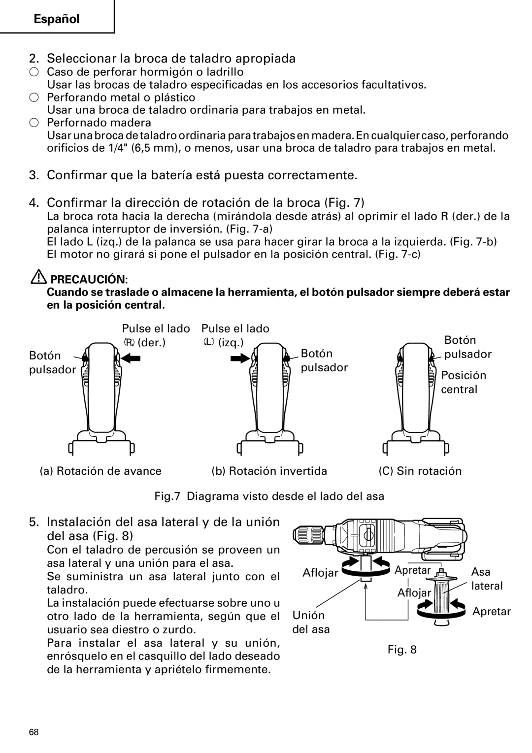 Hitachi DV 24DV Seleccionar la broca de taladro apropiada, Instalación del asa lateral y de la unión del asa Fig 