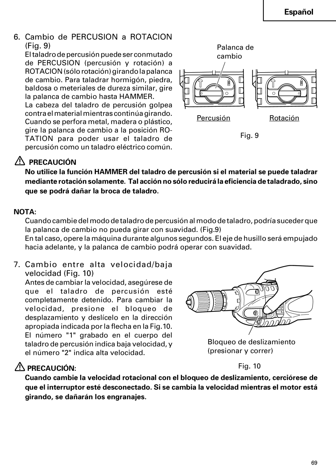 Hitachi DV 24DV instruction manual Cambio de Percusion a Rotacion Fig, Cambio entre alta velocidad/baja velocidad Fig 