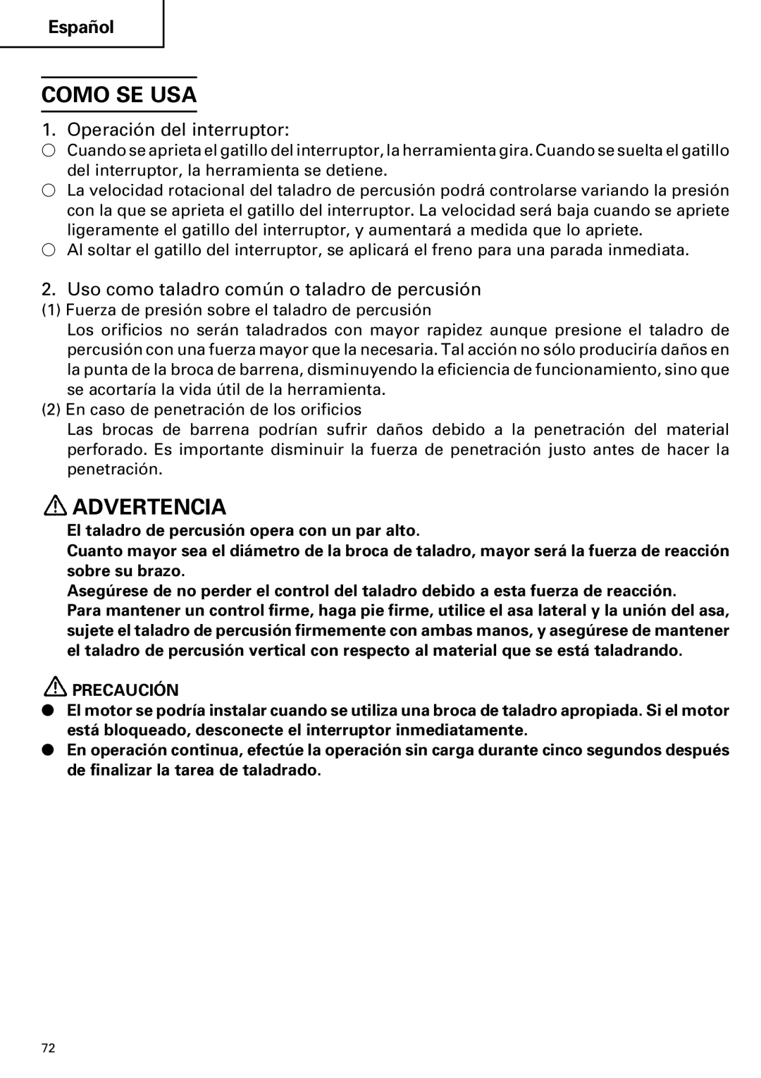 Hitachi DV 24DV instruction manual Como SE USA, Operación del interruptor, Uso como taladro común o taladro de percusión 