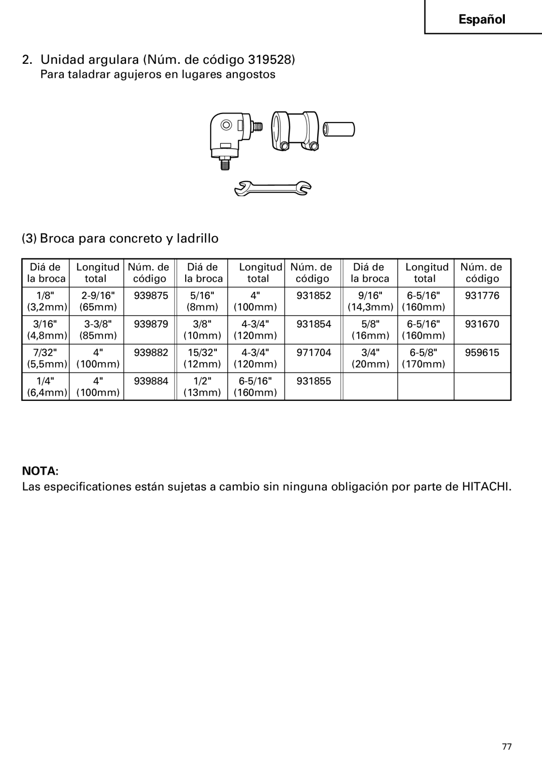 Hitachi DV 24DV instruction manual Unidad argulara Núm. de código, Broca para concreto y ladrillo 