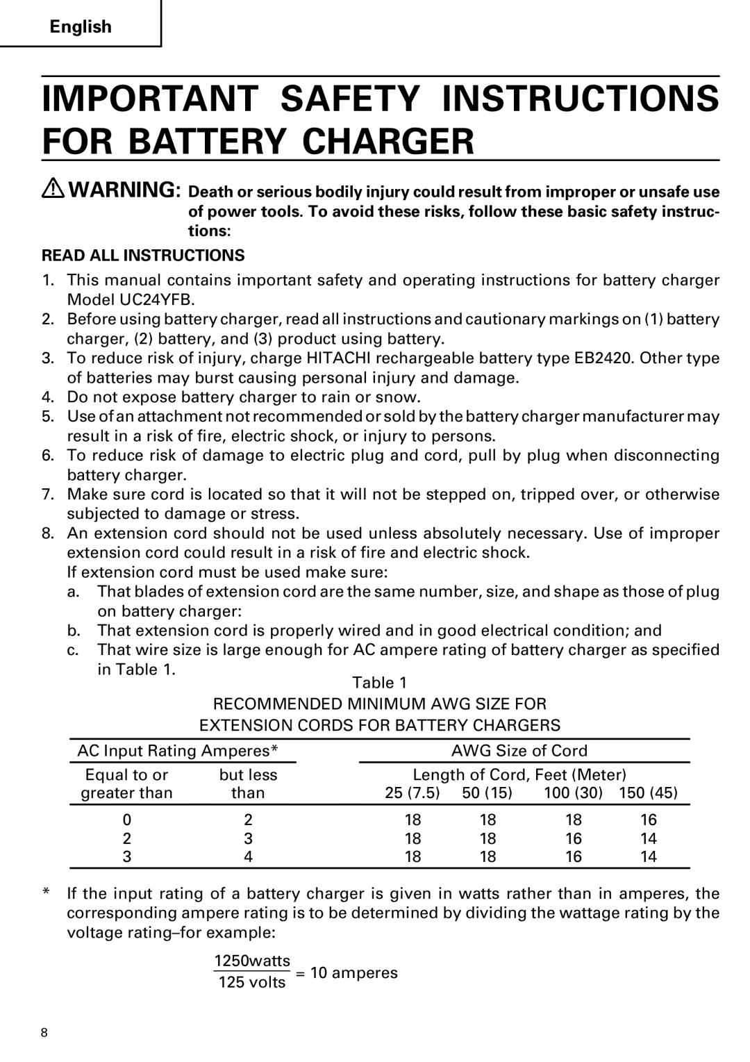 Hitachi DV 24DV instruction manual Important Safety Instructions for Battery Charger, Read ALL Instructions 