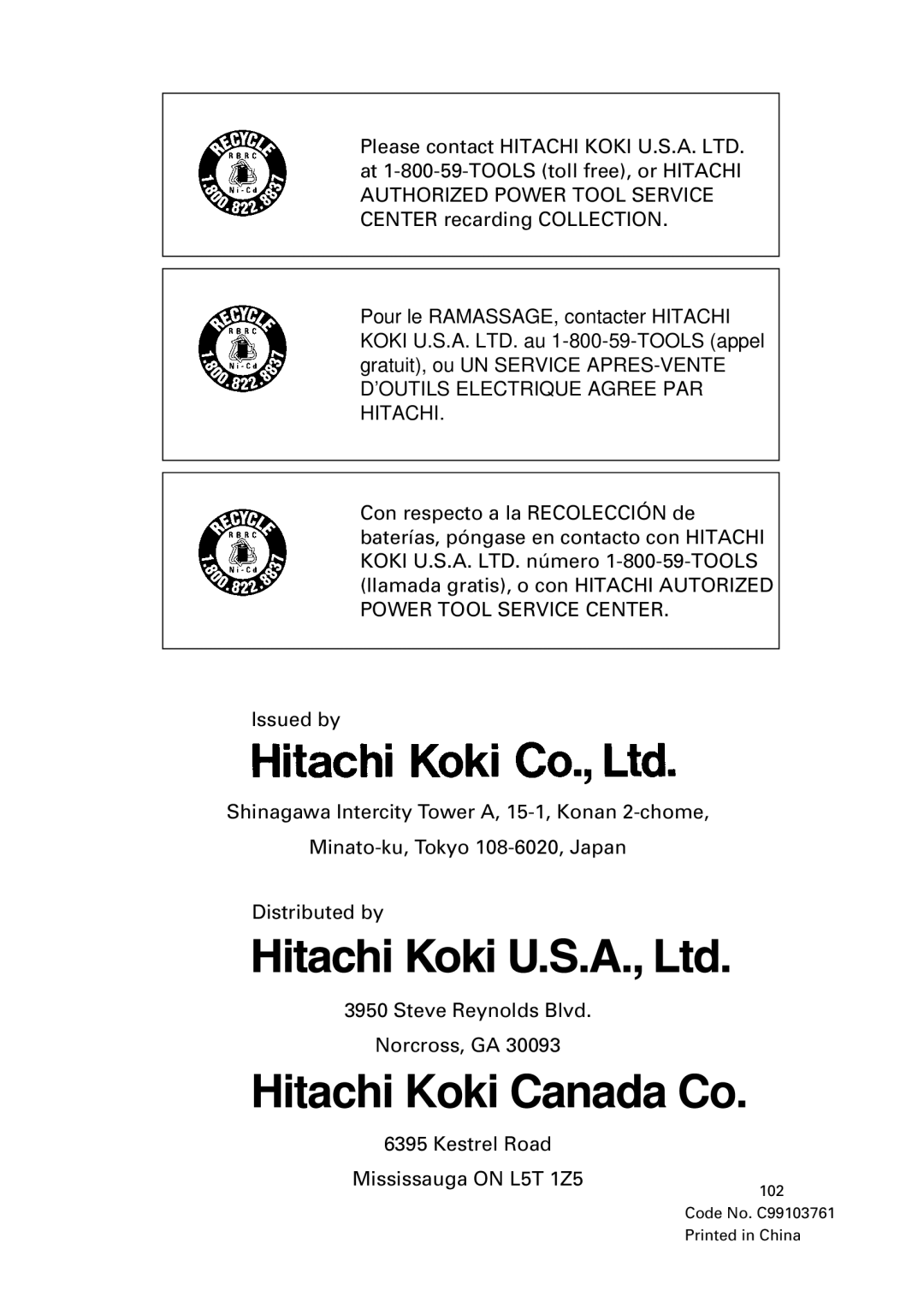 Hitachi DV 24DV instruction manual Hitachi Koki Canada Co 