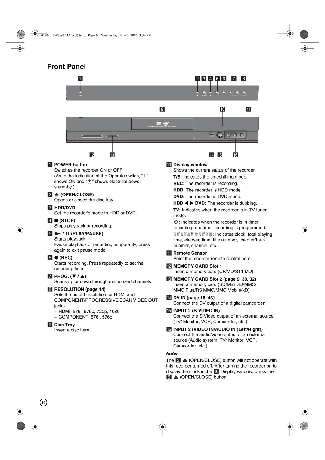 Hitachi DV-DS253A, DV-DS163A manual Front Panel 