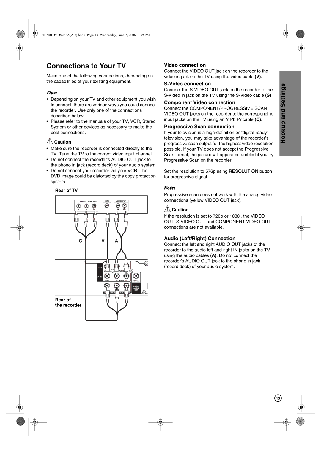 Hitachi DV-DS163A, DV-DS253A manual Connections to Your TV, Hookup and Settings 