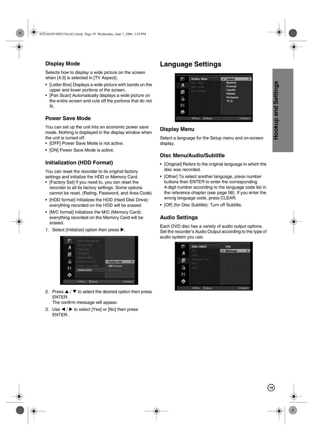 Hitachi DV-DS163A, DV-DS253A manual Language Settings 