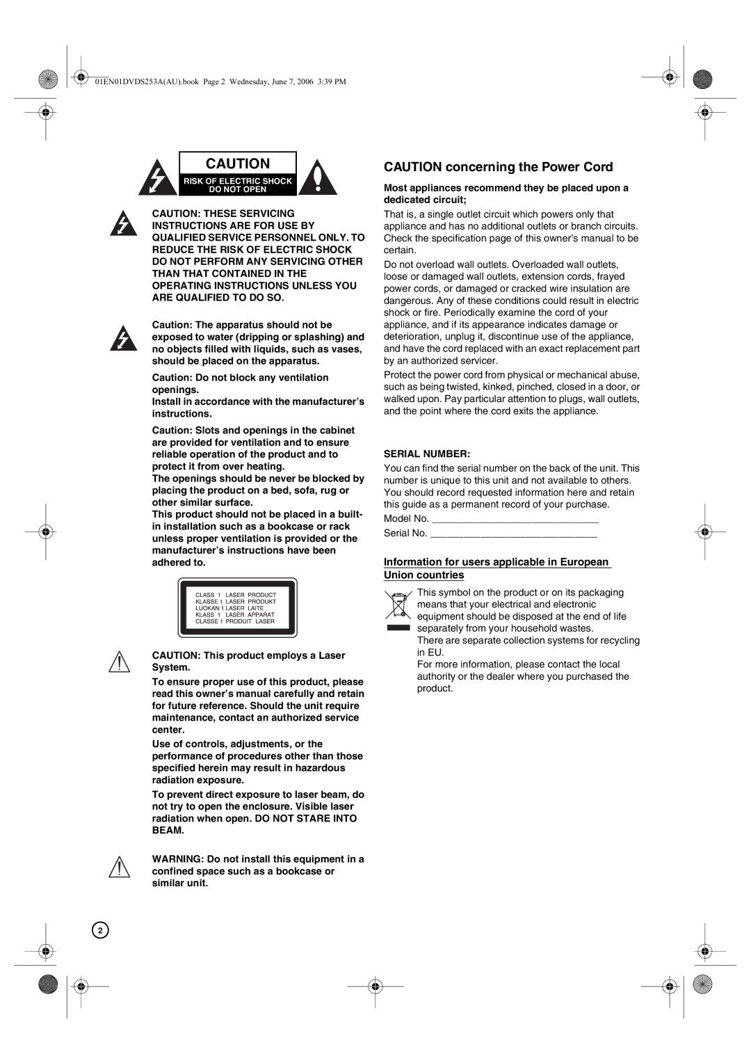 Hitachi DV-DS253A, DV-DS163A manual Serial Number 