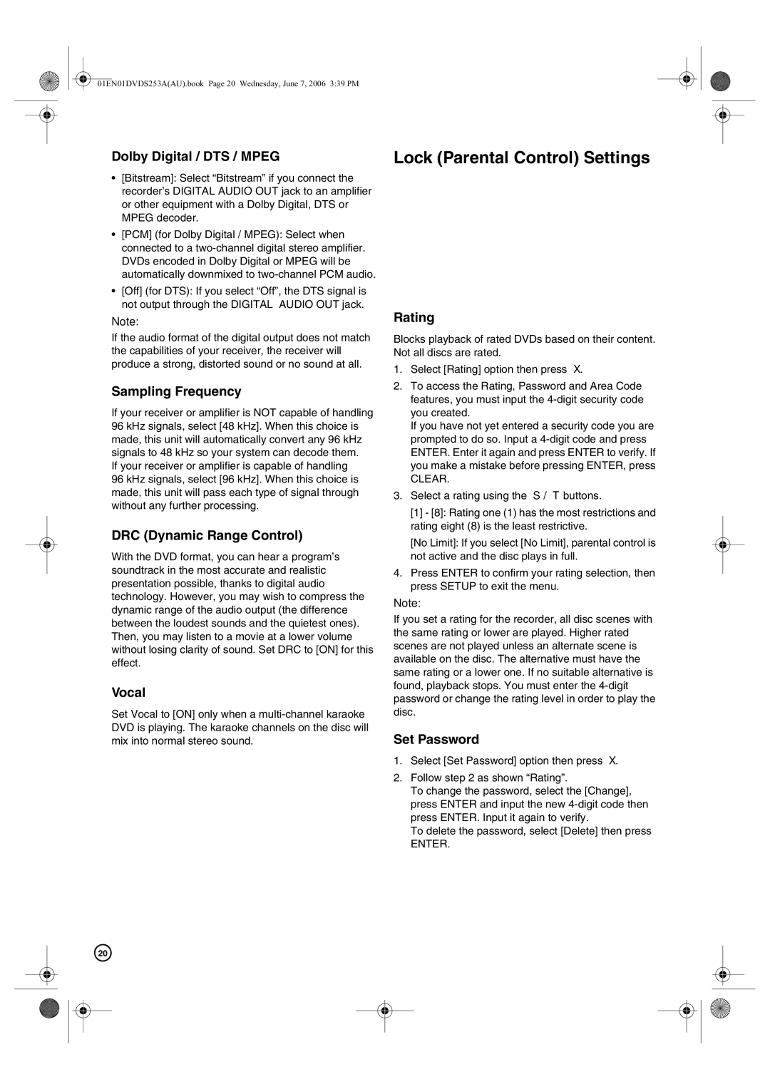 Hitachi DV-DS253A, DV-DS163A manual Lock Parental Control Settings 