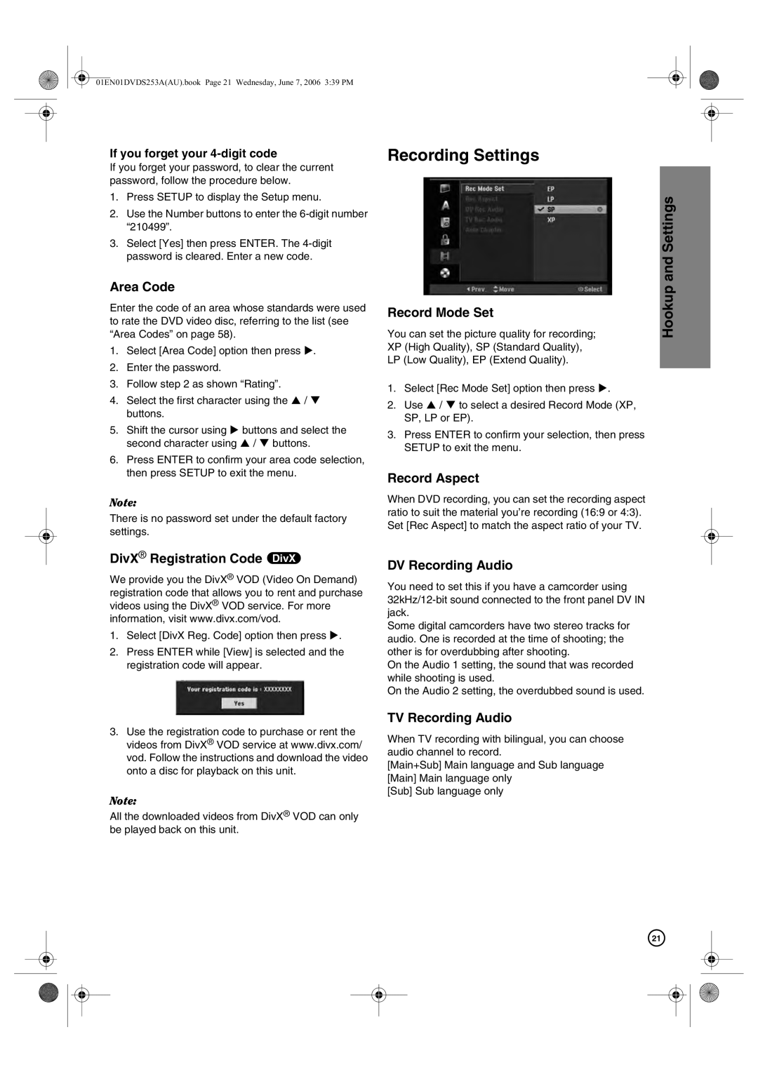 Hitachi DV-DS163A, DV-DS253A manual Recording Settings 