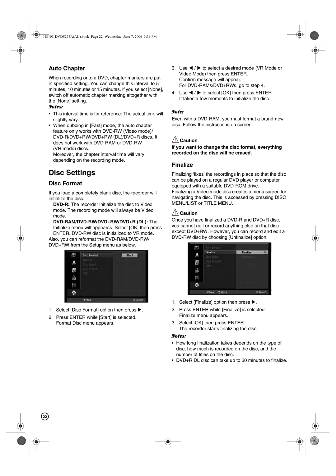 Hitachi DV-DS253A, DV-DS163A manual Disc Settings, Auto Chapter, Disc Format, Finalize 