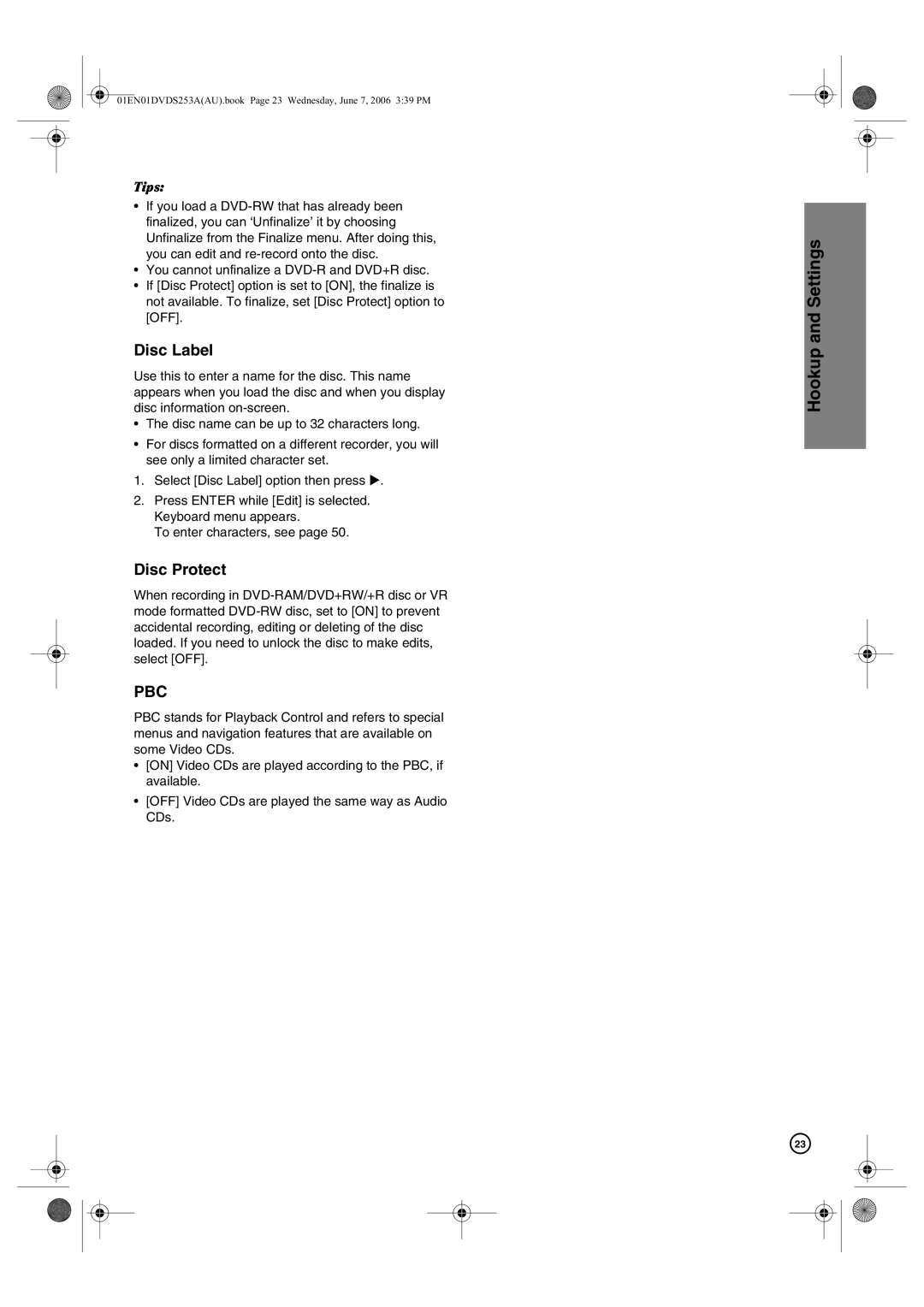 Hitachi DV-DS163A, DV-DS253A manual Disc Label, Disc Protect 