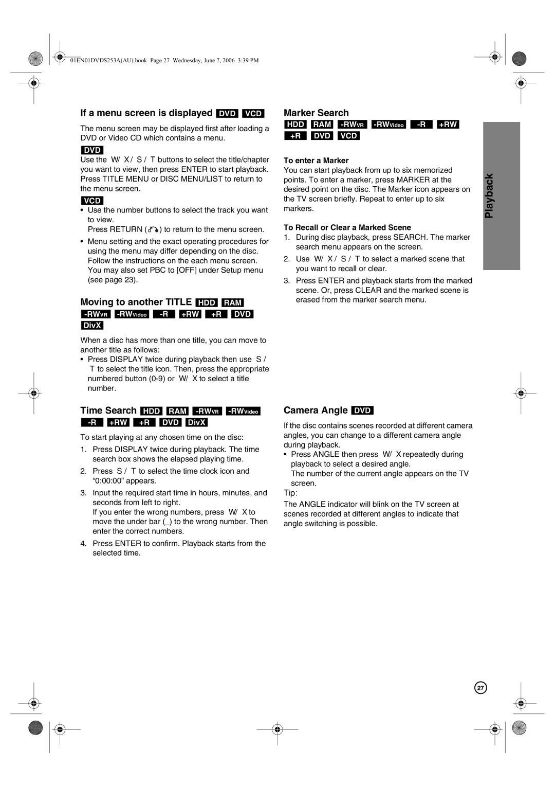 Hitachi DV-DS163A If a menu screen is displayed DVD VCD, Moving to another Title HDD RAM, Marker Search, Camera Angle DVD 