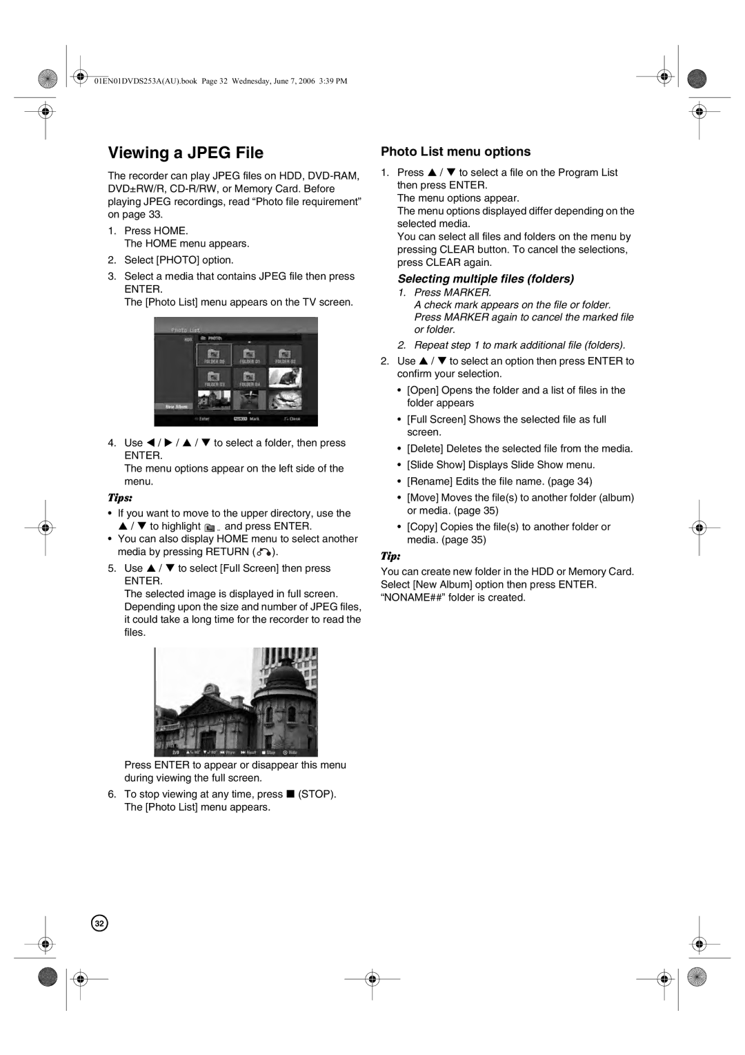 Hitachi DV-DS253A, DV-DS163A manual Viewing a Jpeg File, Photo List menu options 