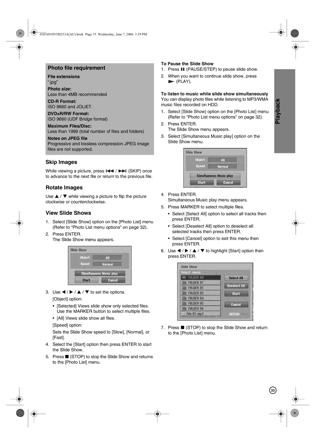 Hitachi DV-DS163A, DV-DS253A manual Photo file requirement, Skip Images, Rotate Images, View Slide Shows 