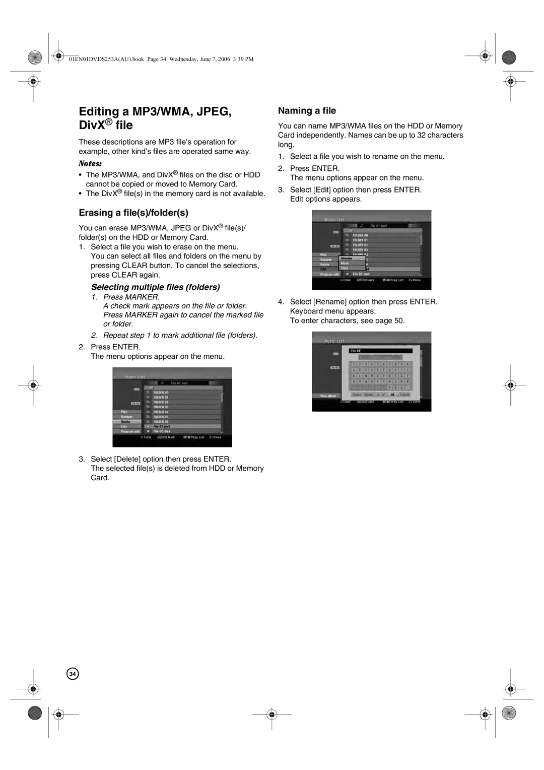 Hitachi DV-DS253A, DV-DS163A manual Editing a MP3/WMA, JPEG, DivX file, Erasing a files/folders, Naming a file 