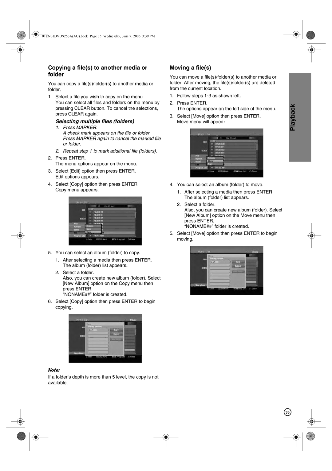 Hitachi DV-DS163A, DV-DS253A manual Copying a files to another media or folder, Moving a files 