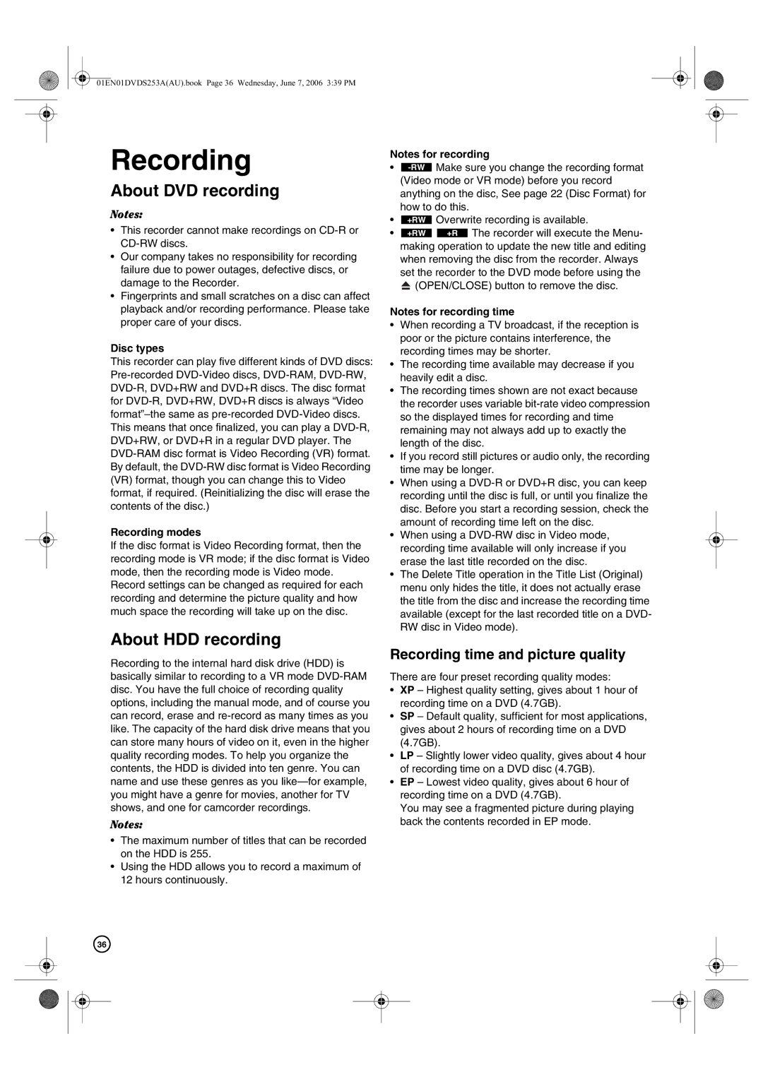 Hitachi DV-DS253A, DV-DS163A manual About DVD recording, About HDD recording, Recording time and picture quality, Disc types 