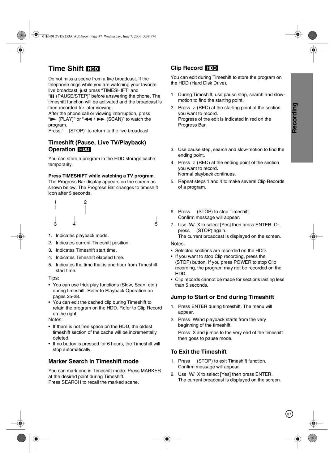 Hitachi DV-DS163A, DV-DS253A manual Time Shift HDD, Recording 