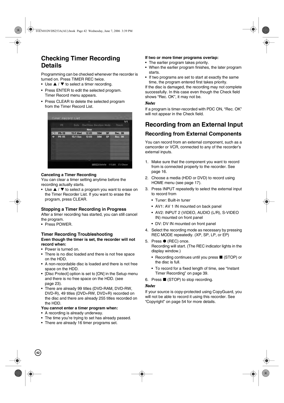 Hitachi DV-DS253A Checking Timer Recording Details, Recording from an External Input, Recording from External Components 