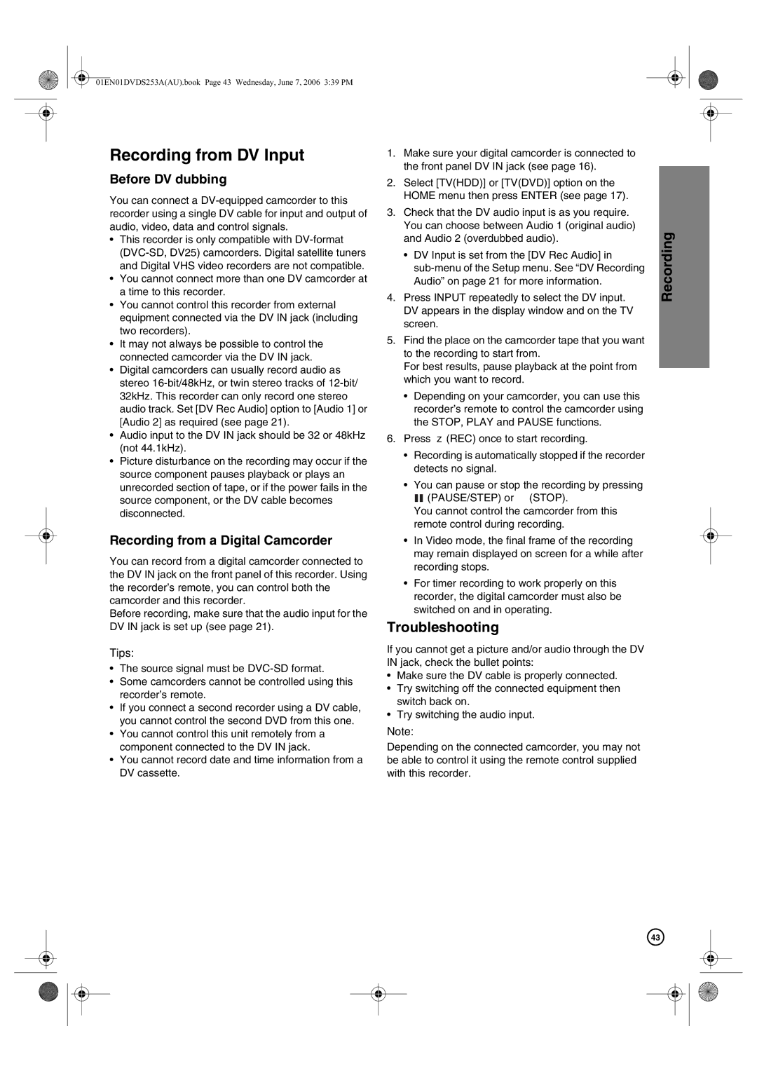 Hitachi DV-DS163A manual Recording from DV Input, Troubleshooting, Before DV dubbing, Recording from a Digital Camcorder 