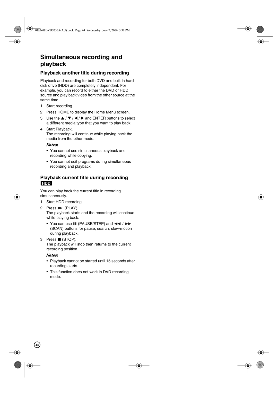 Hitachi DV-DS253A, DV-DS163A manual Simultaneous recording and playback, Playback another title during recording 