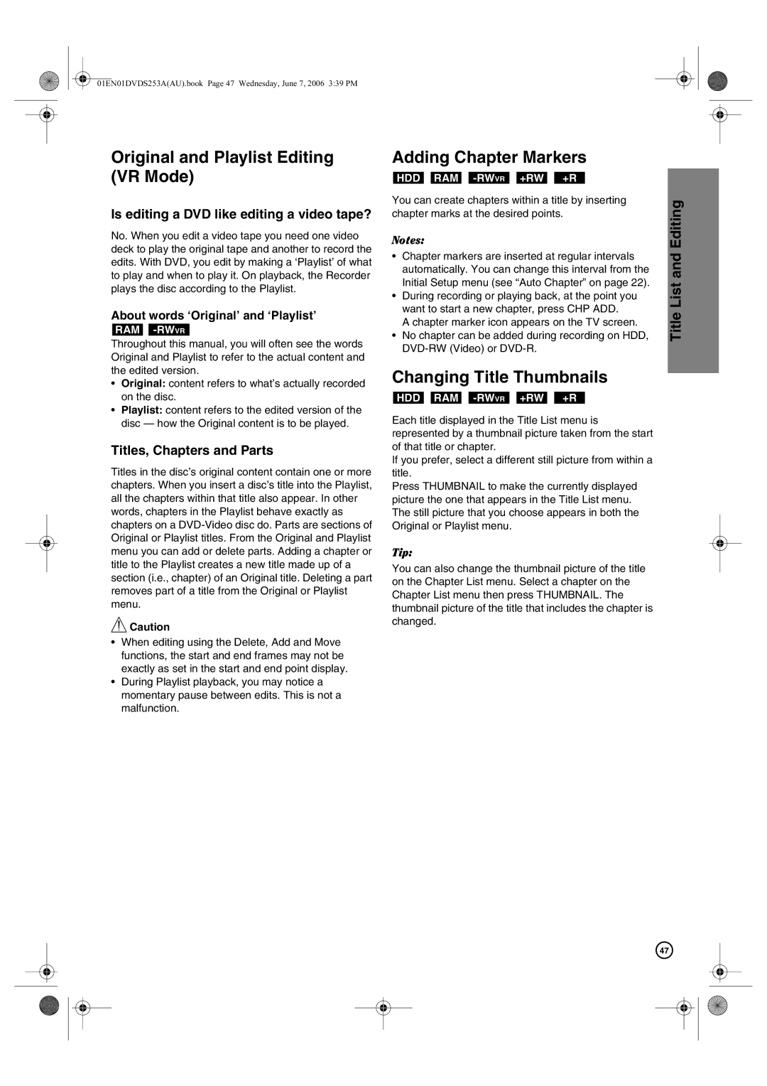 Hitachi DV-DS163A, DV-DS253A manual Original and Playlist Editing VR Mode, Adding Chapter Markers, Changing Title Thumbnails 