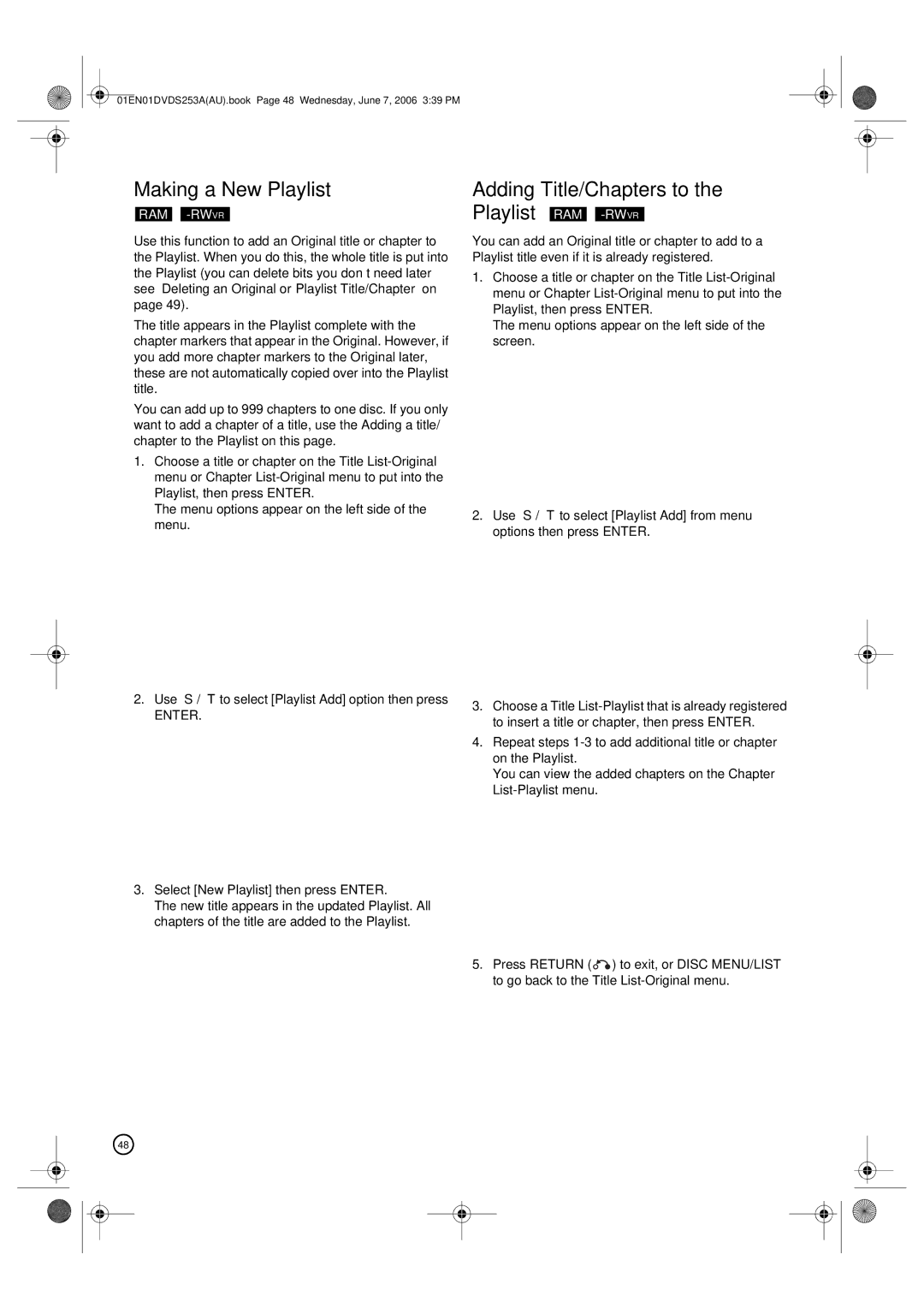 Hitachi DV-DS253A, DV-DS163A manual Making a New Playlist Adding Title/Chapters to 