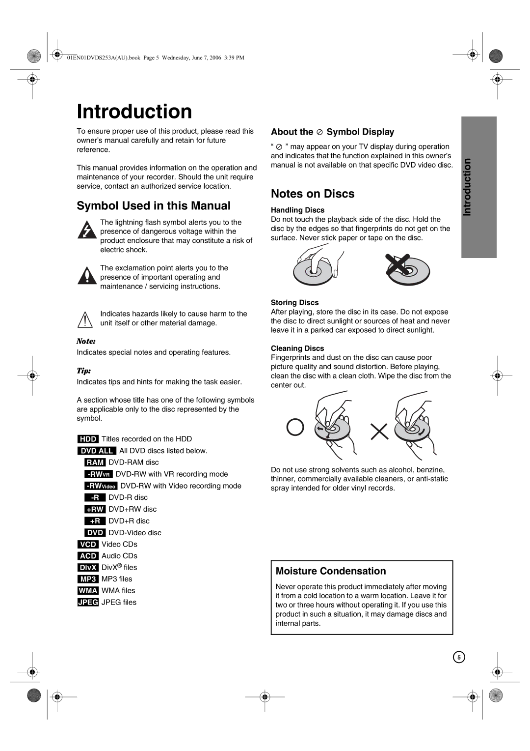 Hitachi DV-DS163A, DV-DS253A manual Symbol Used in this Manual, Moisture Condensation, About the Symbol Display 