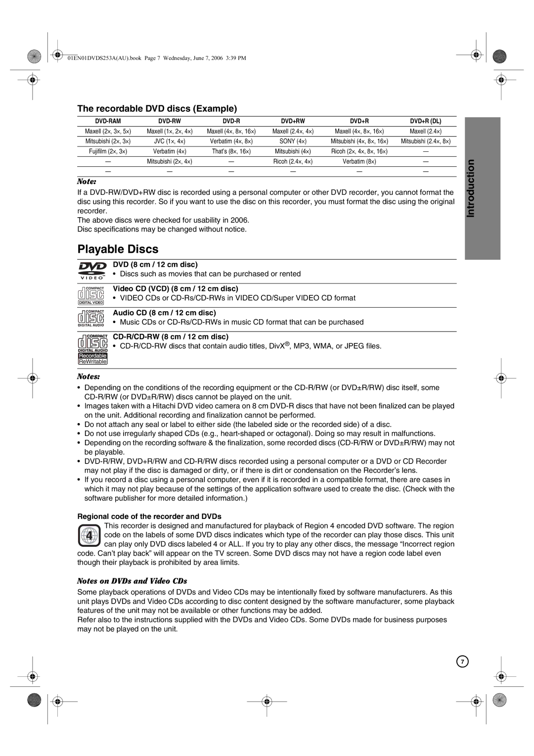 Hitachi DV-DS163A, DV-DS253A manual Playable Discs, Introduction, Recordable DVD discs Example 