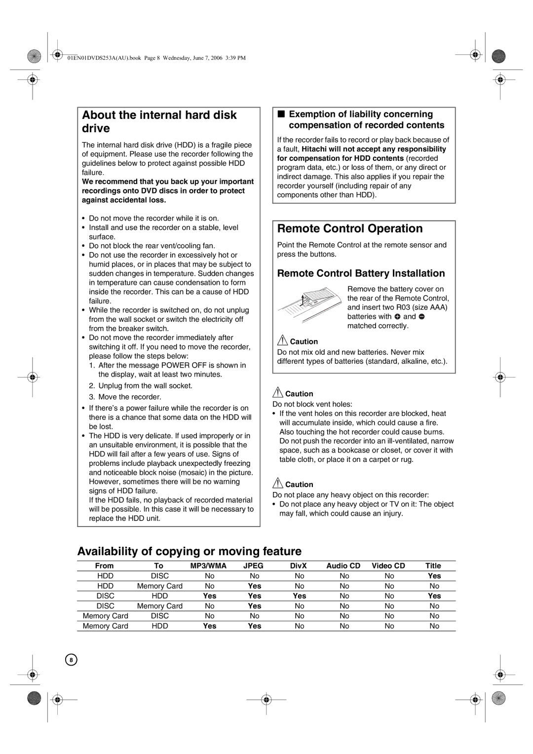 Hitachi DV-DS253A About the internal hard disk drive, Remote Control Operation, Availability of copying or moving feature 