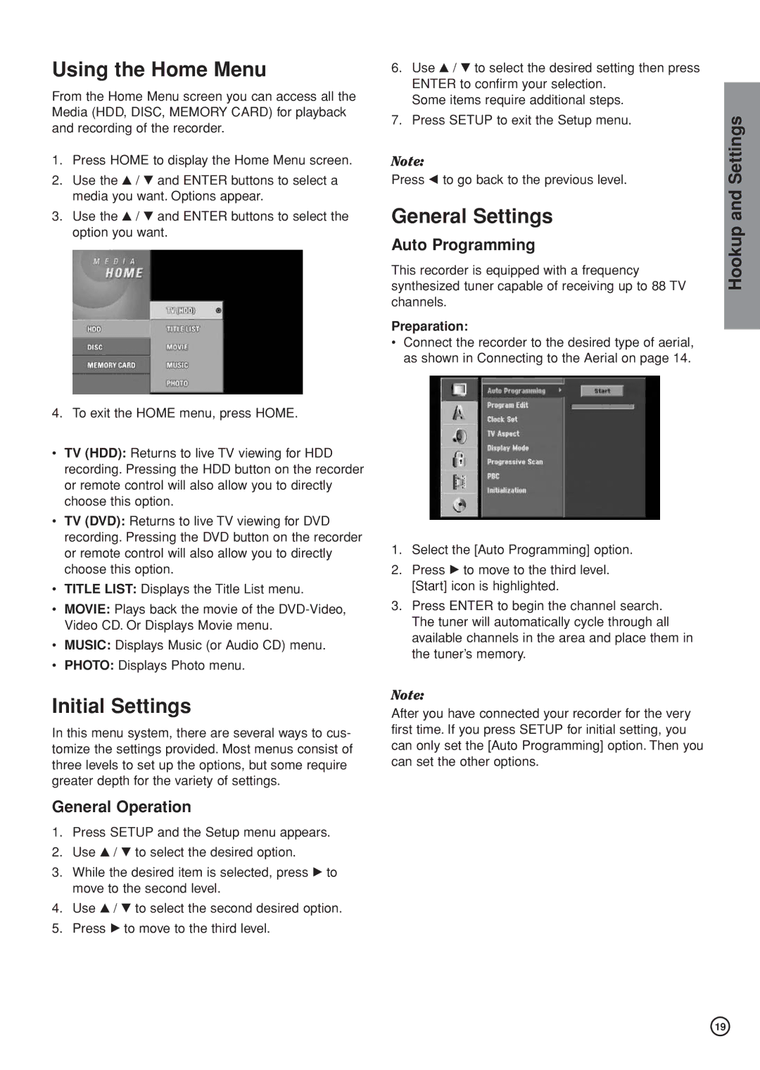 Hitachi DV-DS161E, DV-DS81E Using the Home Menu, General Settings, Initial Settings, Auto Programming, General Operation 