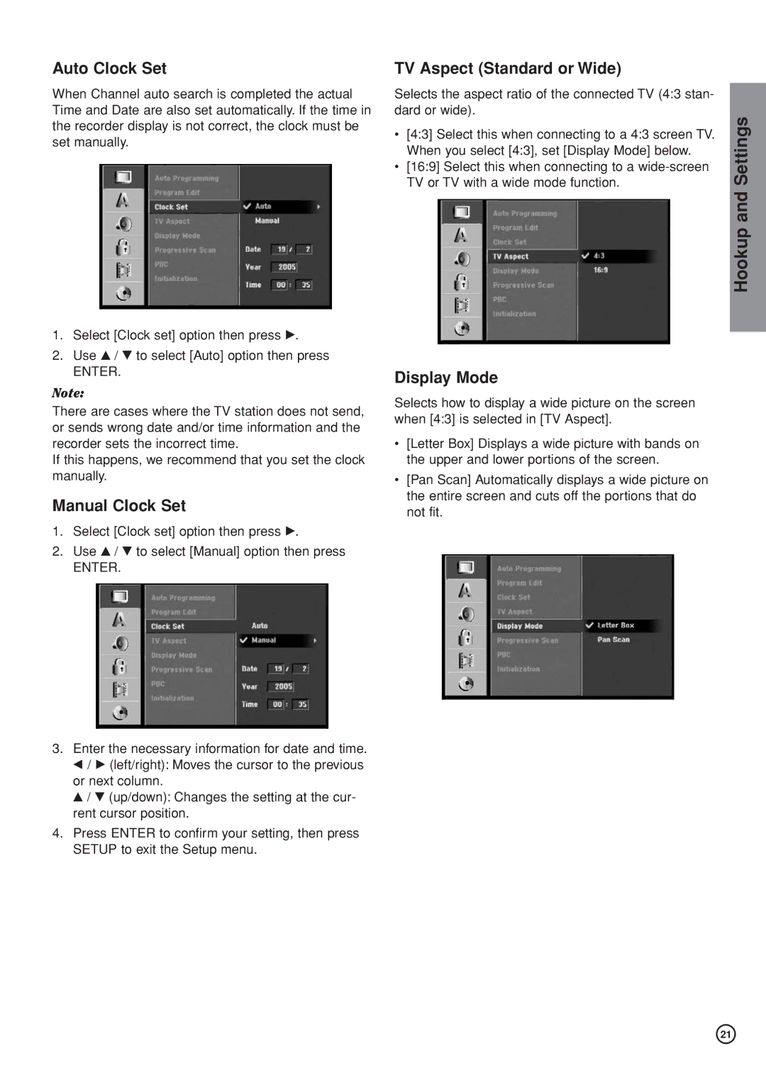 Hitachi DV-DS161E, DV-DS81E Hookup, Auto Clock Set, Manual Clock Set, TV Aspect Standard or Wide, Display Mode 