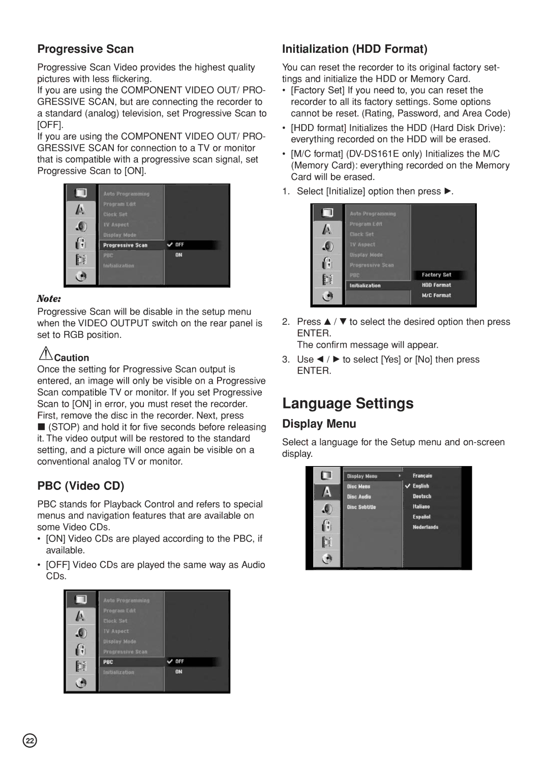 Hitachi DV-DS81E, DV-DS161E Language Settings, Progressive Scan, PBC Video CD, Initialization HDD Format, Display Menu 