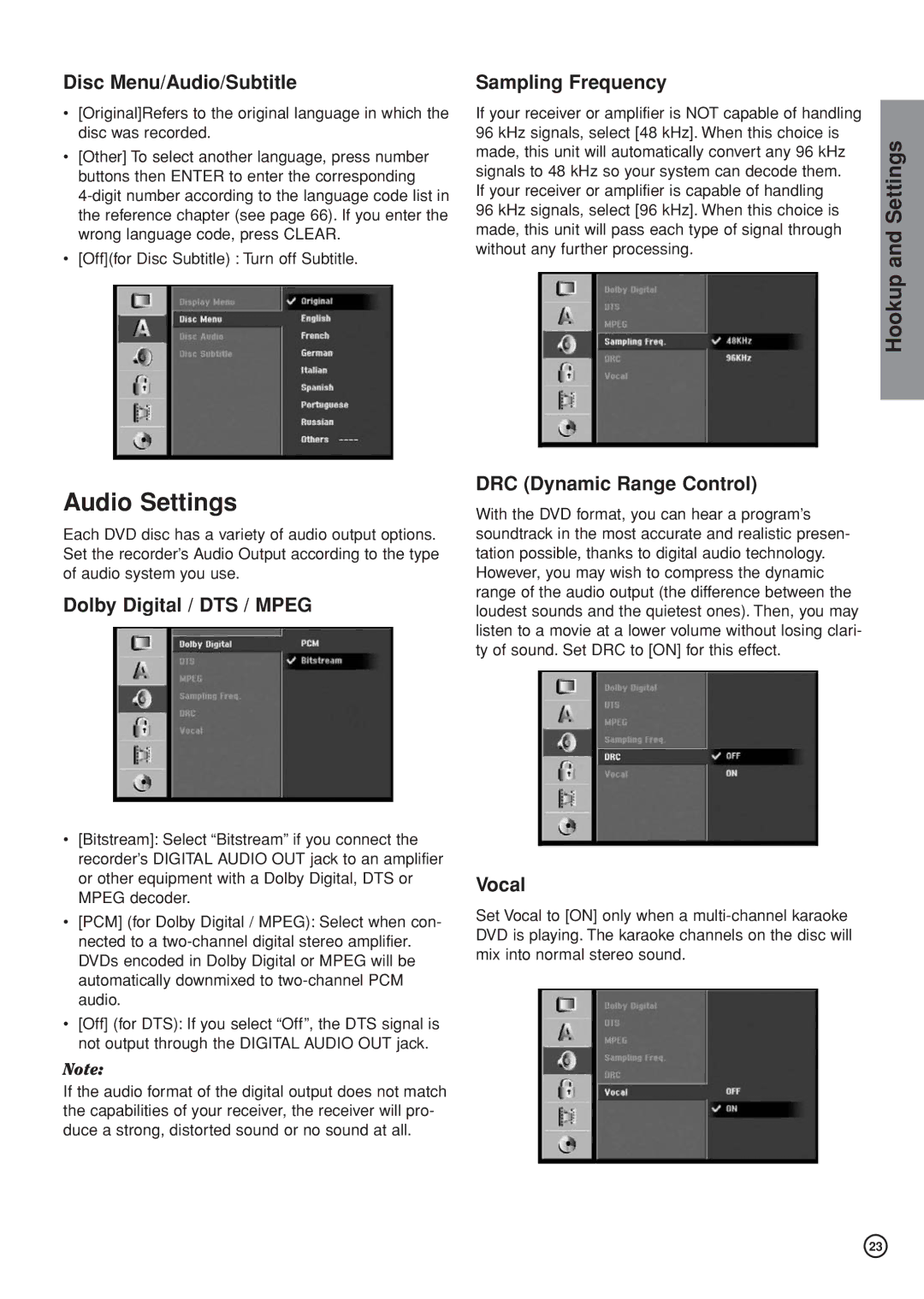 Hitachi DV-DS161E, DV-DS81E instruction manual Audio Settings 