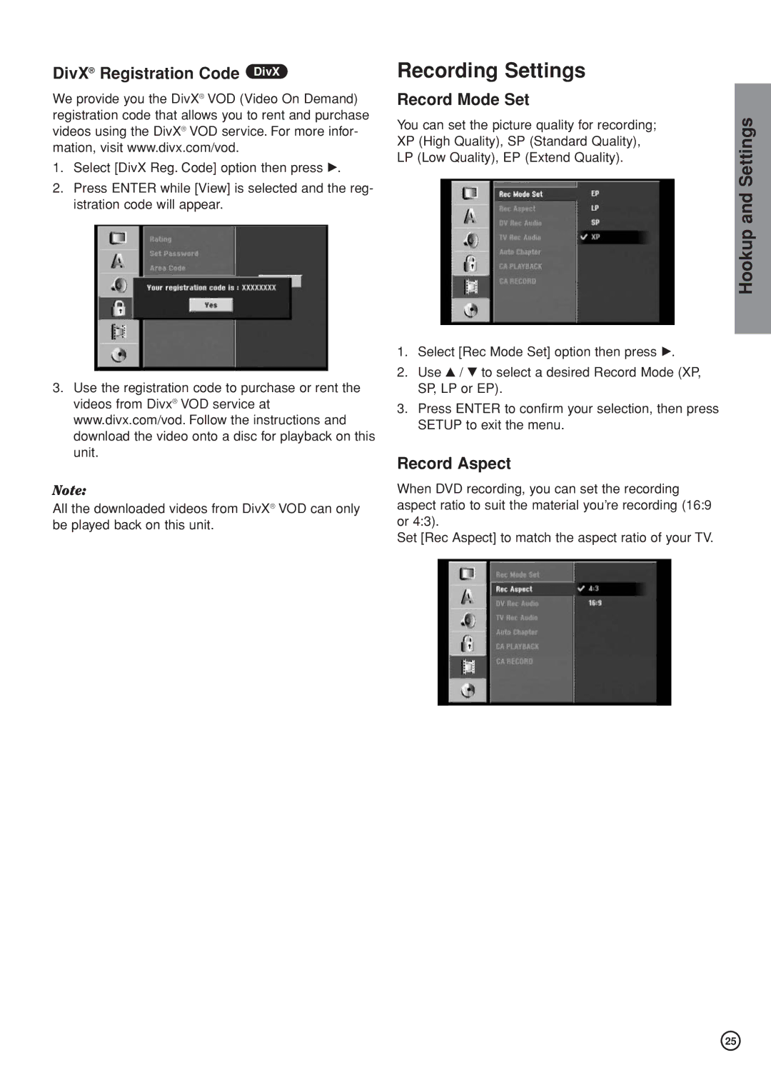 Hitachi DV-DS161E, DV-DS81E Recording Settings, DivX Registration Code DivX, Record Mode Set, Record Aspect 