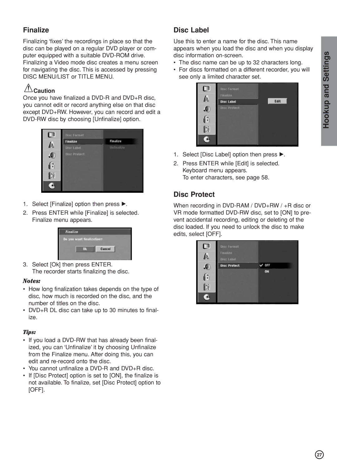 Hitachi DV-DS161E, DV-DS81E instruction manual Finalize, Disc Label, Disc Protect 