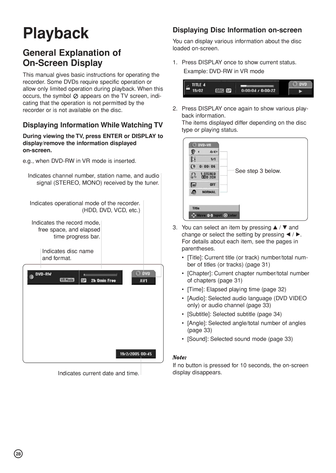 Hitachi DV-DS81E, DV-DS161E General Explanation On-Screen Display, Displaying Information While Watching TV 