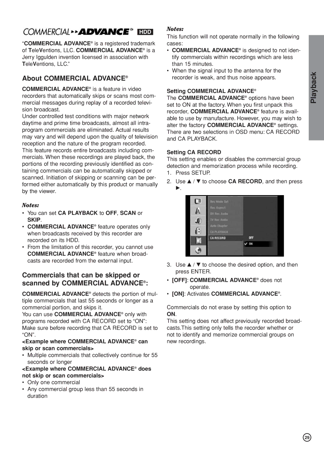 Hitachi DV-DS161E, DV-DS81E Playback, About Commercial Advance, Hdd, Setting Commercial Advance, Setting CA Record 